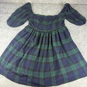 Delia's Plaid Puff Sleeve Mini Dress Green Navy Blackwatch L Cottagecore Y2K Vtg